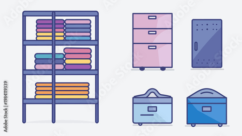 Minimalist illustration of storage solutions shelves, drawers, boxes, and a locker
