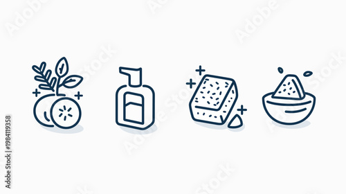 Simple line-art icons representing natural skincare and cleansing products