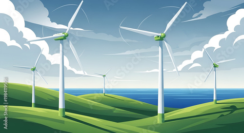 Wind Turbines on Rolling Green Hills by the Ocean Under a Cloudy Sky.
