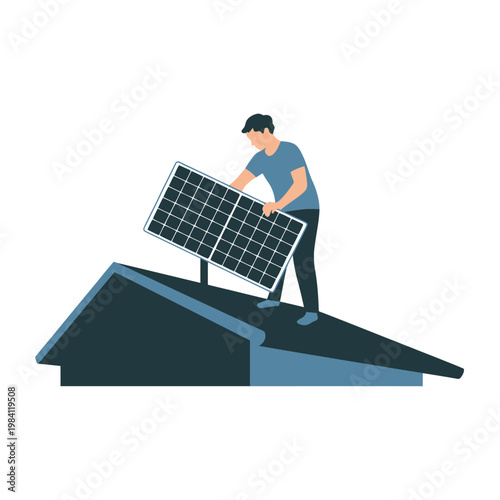 Man installing a solar panel on a rooftop with blue accents