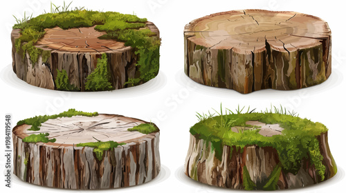 Four tree stump illustrations with moss, grass, wood texture, and weathered appearance