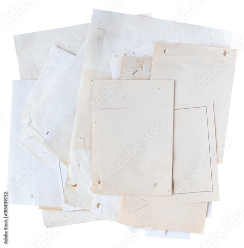 Stack of aged blank paper sheets and vintage documents isolated on white
