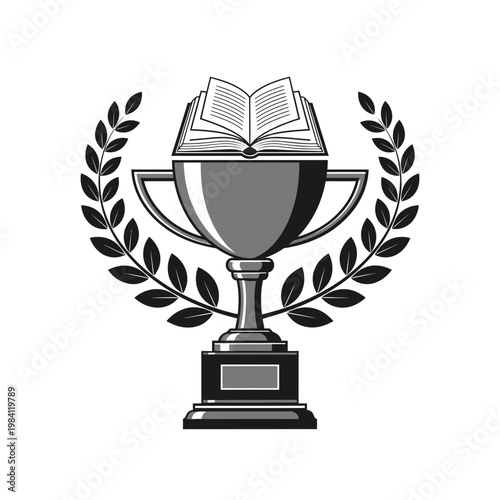 Award Trophy with Open Book and Laurel Wreath - Symbol of Knowledge and Achievement