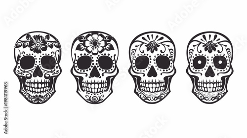Four decorative sugar skulls in black and white with floral and ornamental designs