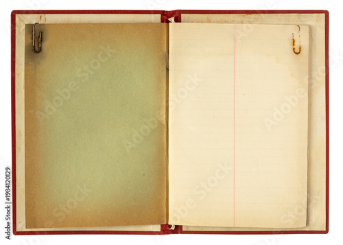Open vintage notebook with blank aged pages and paper clips isolated on white