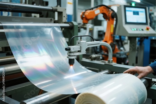 Industrial machine processing a roll of transparent plastic film in a manufacturing facility