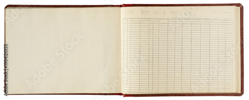 Bild auf Leinwand Open antique ledger book with blank aged pages and tabular record sheet isolated
