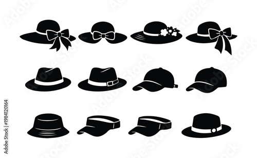 Vintage hat silhouettes collection, 12 black headwear icons including fedora and sun hats, elegant female and male fashion accessories vector set
