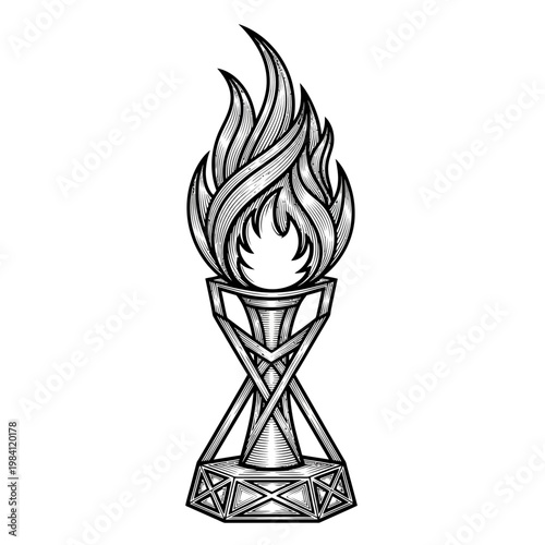 Burning Torch Trophy with Abstract Base, Victory Symbol, Line Art Illustration