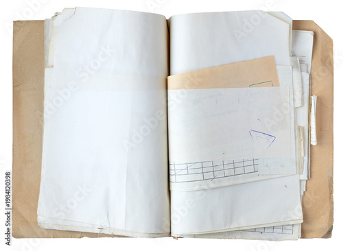 Open vintage paper file folder with blank documents, receipts, ledger accounting tables and envelopes isolated on white