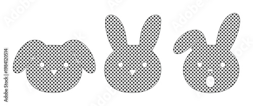 Minimalist halftone animal icons, set of 3 vector rabbit and dog head silhouettes, dotted texture pet face graphics for modern branding