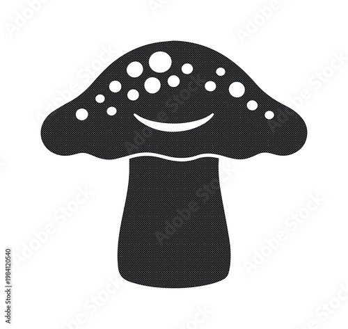 Minimalist mushroom icon vector, black silhouette fungus with white spots, stylized toadstool symbol for nature branding and forest design