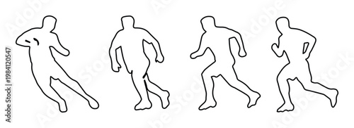 Minimalist soccer player outline vector set, four athletic male silhouettes in motion, black line art of football players running and dribbling