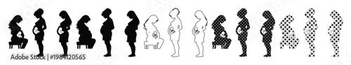 Pregnant woman silhouette set, maternity vector icons in black and white, 15 pregnancy figures for healthcare and motherhood design