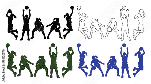 Female basketball player silhouettes set, 20 vector icons of women playing basketball, athletic girls dribbling and shooting sports graphics