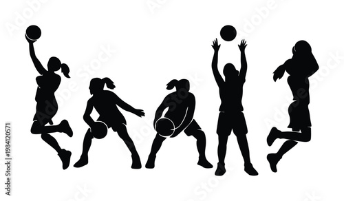 Basketball female player silhouettes, women athletes playing basketball vector set, black sports figures jumping and dribbling for team posters