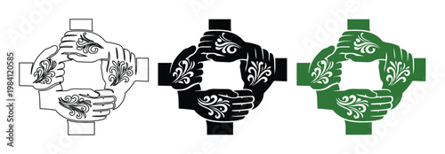 Celtic cross hand icons with floral pattern, set of 3 circular unity symbols, interlocking hands forming a cross, community and partnership vector