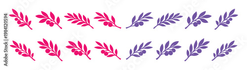 Olive Branch Vector Set, 12 vibrant pink and purple olive branches with leaves and berries, Mediterranean nature illustration collection for branding and decor
