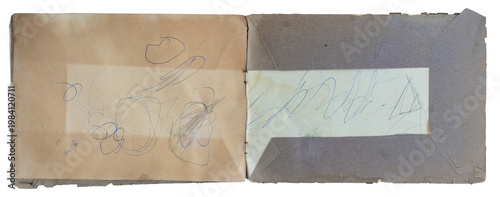 Vintage open landscape notebook with gray covers with  pencil scribbles on aged paper pages