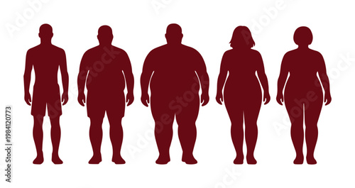 Body mass index silhouettes, diverse human body types from fit to obese, overweight and healthy weight male and female figures, medical vector set