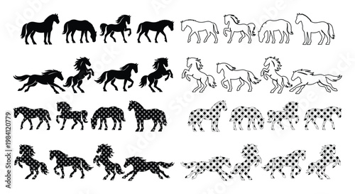 Dynamic horse silhouette vector set, 24 unique equine illustrations, black and white animal graphics, versatile equestrian design elements for branding and decor