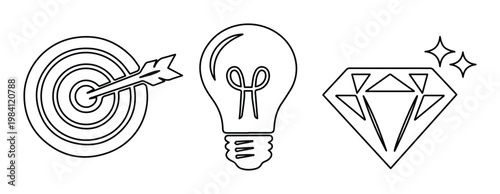 Minimalist business icons set, thin line target with arrow, light bulb idea symbol and sparkling diamond vector, professional success concepts