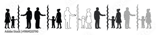 Divorce and Family Separation Vector Icons. Child Custody and Parental Rights Concept. Broken Family Silhouettes, Outline, and Textured Graphics for Legal and Social Issues.
