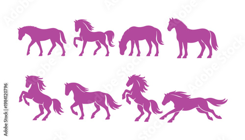 Purple horse silhouettes collection, set of 8 equine vector icons in various poses, running and jumping stallion graphics for equestrian branding