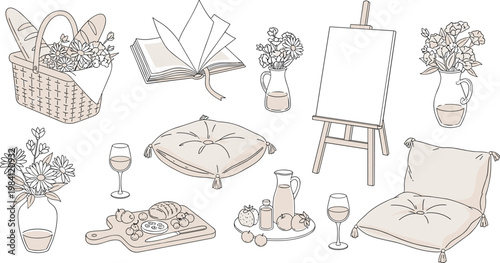 Cozy Lifestyle Aesthetic Vector Set Featuring Picnic Basket, Open Book, Artist Easel, Flower Vases, Cushions, and Wine Glasses for Hobby and Relaxation Designs