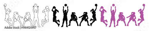 Basketball player silhouettes set, female athletes in action poses, black and purple sports vector icons, outline and solid basketball girl figures