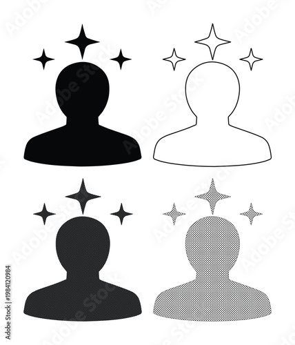 Minimalist user profile icons with stars, set of four human avatar silhouettes, creative person concept vector, expert or celebrity profile symbols