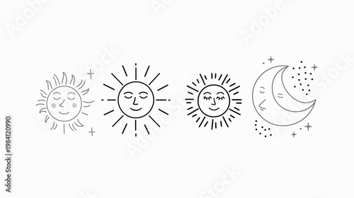 Line art depiction of celestial bodies - suns and a moon, with facial features