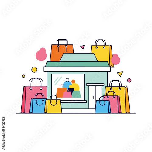 Colorful Shopping Bags Outside Storefront - Retail, Consumerism, Lifestyle Concept