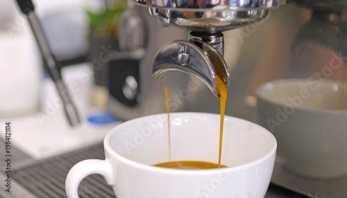 Espresso pouring into white coffee cup.