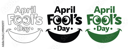 April Fool's Day playful typography vector set, humorous holiday lettering with googly eyes and smiling mouth, funny prank celebration graphic elements