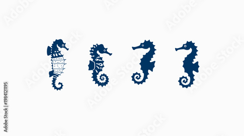 Four dark blue stylized seahorses isolated on a white background, various designs