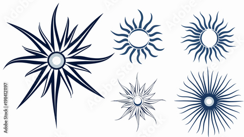 Six stylized navy blue sunbursts with variations, on a white background