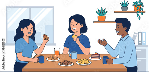 People sitting at a table eating food and talking in a kitchen