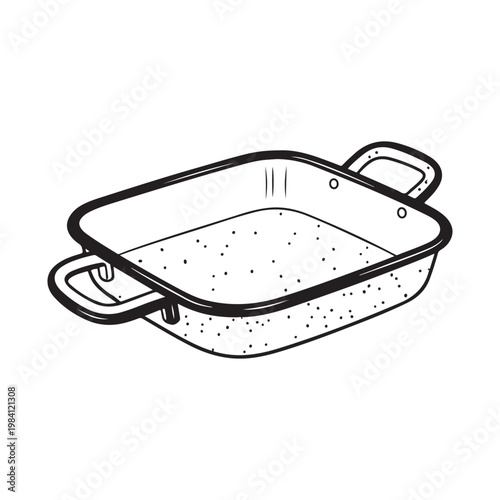 Black and white illustration of a square colander with handles