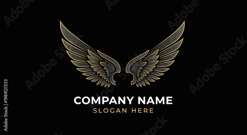 Golden wing logo design with company name and slogan on black background