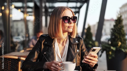 Stylish Woman in Sunglasses Drinking Coffee and Using Smartphone at Outdoor Cafe