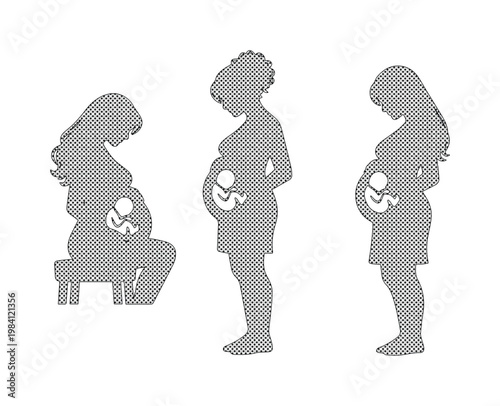 Pregnant women silhouettes, diverse expectant mothers with visible fetus, black and white vector illustration set for maternity and family planning concepts.