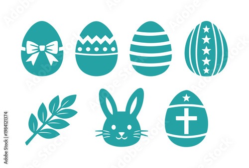 Teal Easter Egg and Bunny Vector Set, Festive Spring Holiday Decorations, Religious and Decorative Easter Icons, Celebration Graphics for Digital and Print Media