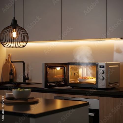 Modern Kitchen with Open Toaster Oven and Warm Lighting.