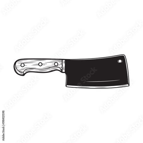 A large black cleaver with a wooden handle on white background