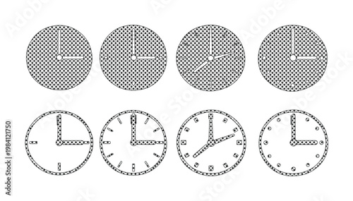 Conjunto de ocho iconos de reloj en estilo punteado, ilustraciones vectoriales de tiempo y gestión, elementos gráficos para diseño de interfaces y aplicaciones