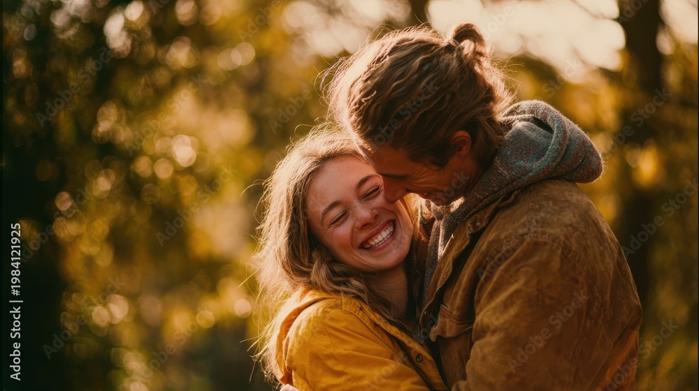 Fototapeta premium The happy couple are in a loving embrace while spending an autumn day together outdoors.