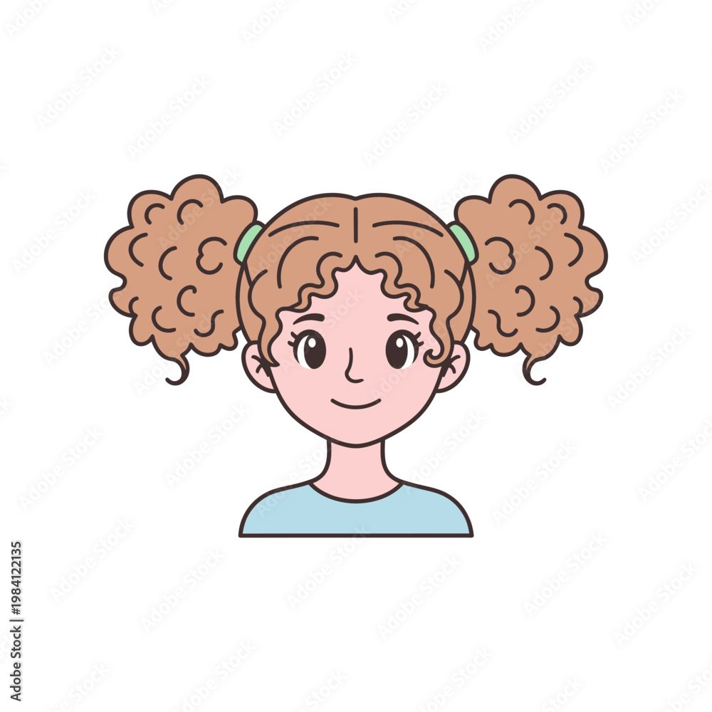 Fototapeta premium Cute Girl with Curly Pigtails Cartoon Illustration
