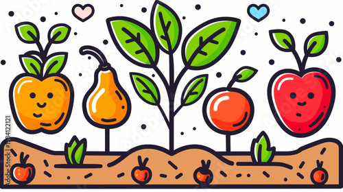 Cartoon fruits and vegetables grow in a garden, heart shapes above