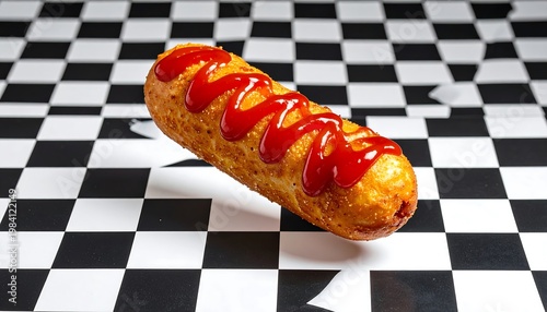 Delicious hot dog with ketchup topping.